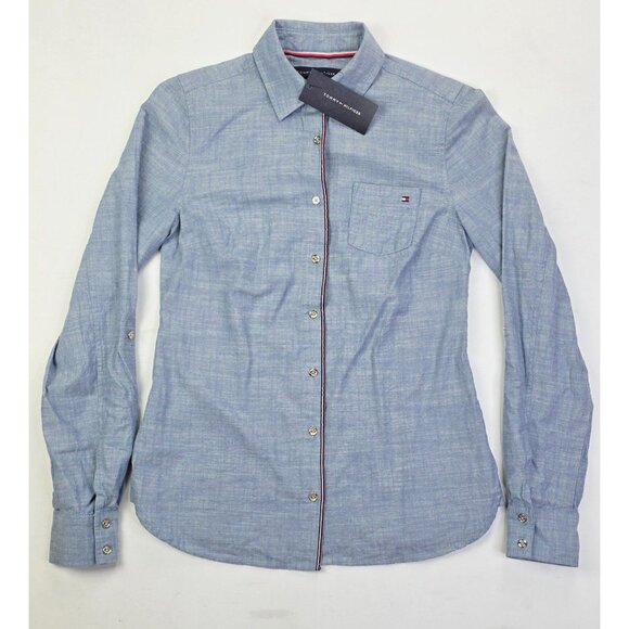 Tommy Hilfiger Size XS Women Blue Denim Style Pocket Logo Slong Sleeve Shirt NWT - Picture 1 of 13